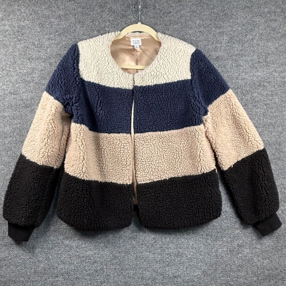 Peyton Jensen Womens Small Faux Fur Teddy Sherpa Jacket Colorblock Stripe Boho